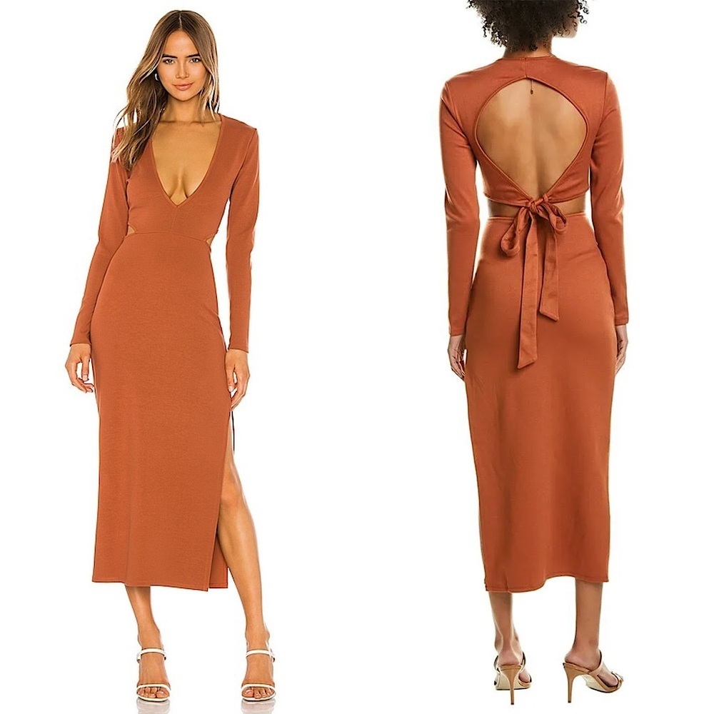 NWT REVOLVE X ATOIR Long Sleeve Waist Cutout V-Neck Tie Open Back Midi Dress M